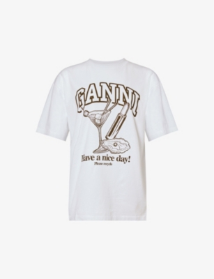 GANNI GANNI WOMEN'S BRIGHT WHITE COCKTAIL-PRINT ORGANIC AND RECYCLED-COTTON T-SHIRT