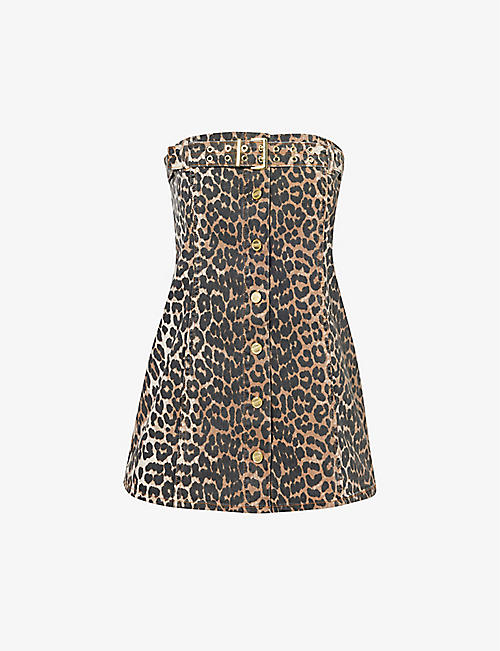 GANNI: Corsage leopard-print stretch-organic-denim top