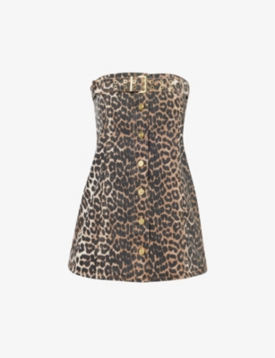 Shop Ganni Womens Leopard Corsage Leopard-print Stretch-organic-denim Top