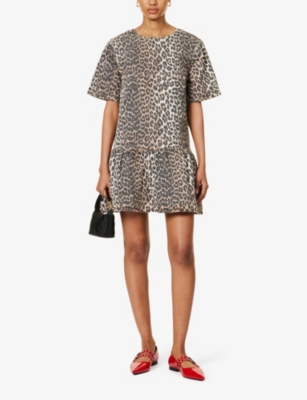 Shop Ganni Women's Leopard Leopard-print Ruffle-hem Organic-denim Mini Dress