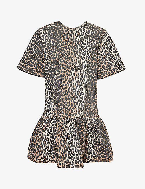 GANNI: Leopard-print ruffle-hem organic-denim mini dress