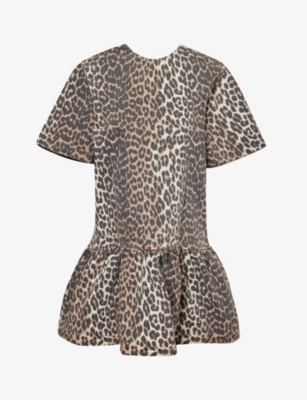 Shop Ganni Women's Leopard Leopard-print Ruffle-hem Organic-denim Mini Dress