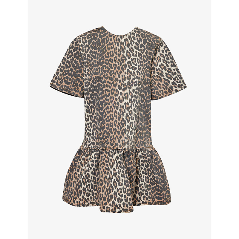 Shop Ganni Leopard-print Ruffle-hem Organic-denim Mini Dress