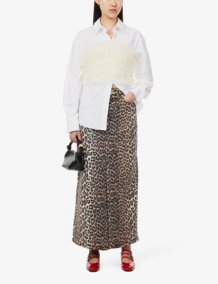 Shop Ganni Women's Leopard Leopard-print Stretch Organic-cotton Denim Maxi Skirt