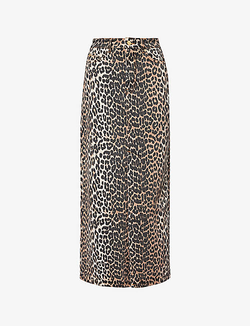 GANNI: Leopard-print stretch organic-cotton denim maxi skirt