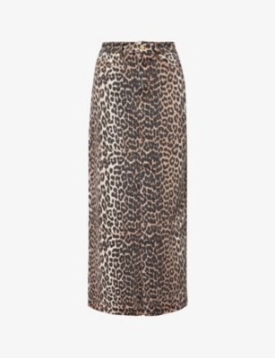 Shop Ganni Women's Leopard Leopard-print Stretch Organic-cotton Denim Maxi Skirt