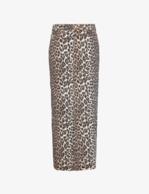 Shop Ganni Women's Leopard Leopard-print Stretch Organic-cotton Denim Maxi Skirt