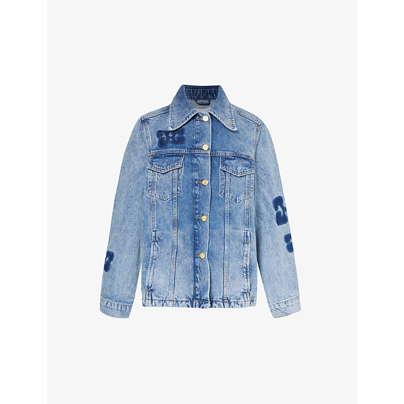 Shop Ganni Women's Mid Blue Stone Spread-collar Logo-patch Organic-denim Jacket