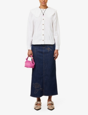 Shop Ganni Floral-embroidered Mid-rise Stretch-organic Denim Maxi Skirt In Rinse
