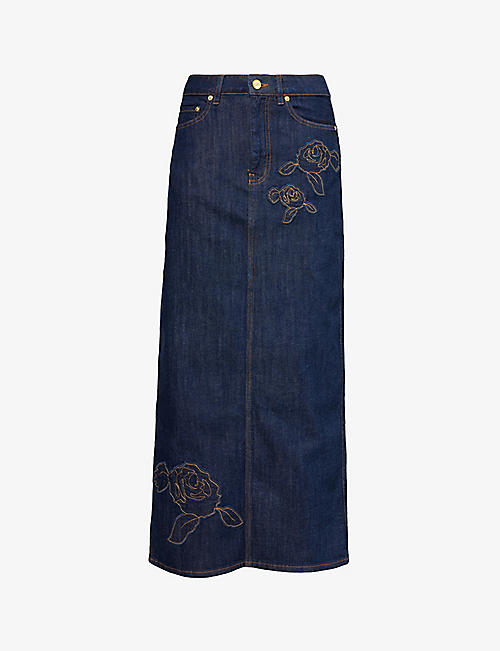 GANNI: Floral-embroidered mid-rise stretch-organic denim maxi skirt