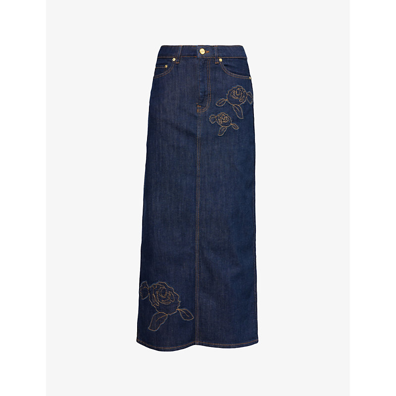 Shop Ganni Floral-embroidered Mid-rise Stretch-organic Denim Maxi Skirt In Rinse