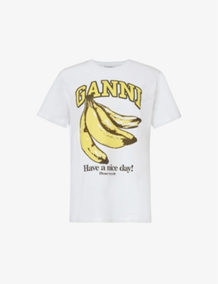 Ganni Crew-neck Cotton T-shirt With Banana Print In Bright White