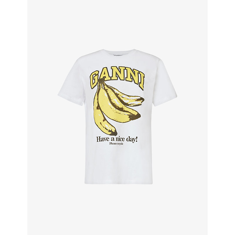 Shop Ganni Women's Bright White Banana Graphic-print Organic-cotton T-shirt
