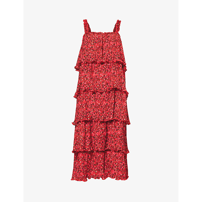 Shop Ganni Flounce Floral-pattern Recycled-polyester Midi Dress In Racing Red