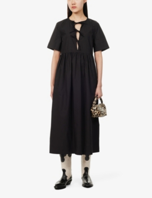 Shop Ganni Women's Black V-neck Bow-embellished Organic-cotton Midi Dress