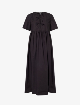 GANNI: V-neck bow-embellished organic-cotton midi dress