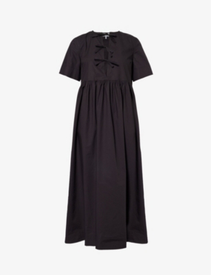 Shop Ganni Women's Black V-neck Bow-embellished Organic-cotton Midi Dress