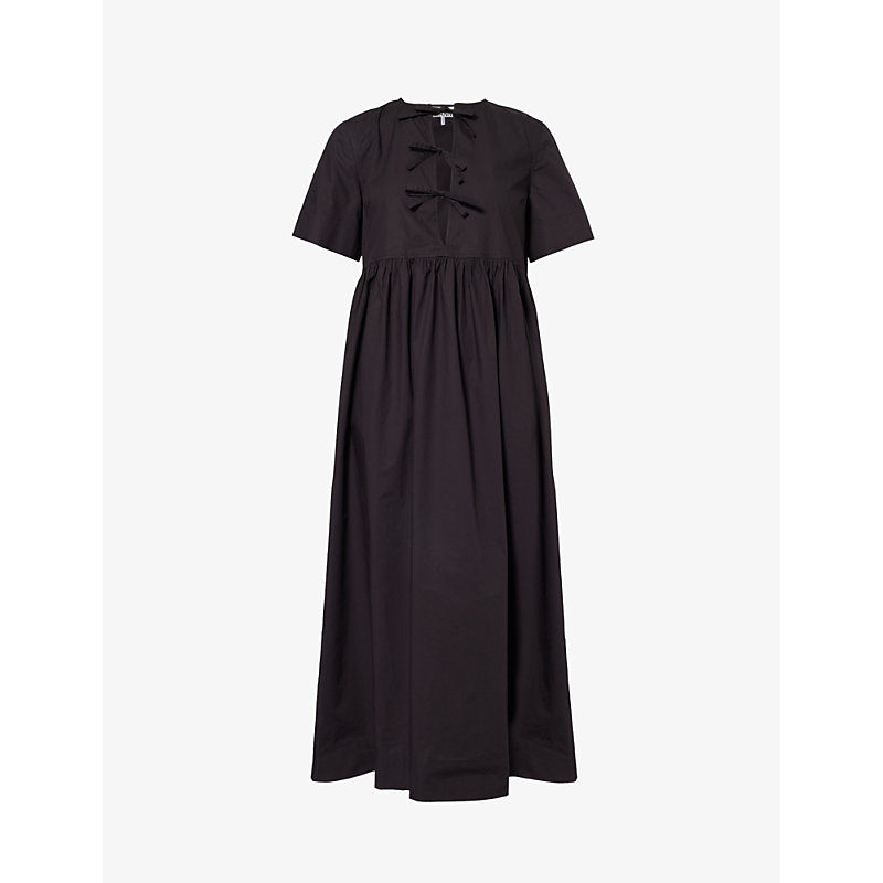 Shop Ganni V-neck Bow-embellished Organic-cotton Midi Dress In Black