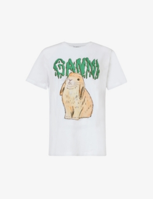 Shop Ganni Women's Bright White Bunny Graphic-pattern Organic-cotton T-shirt