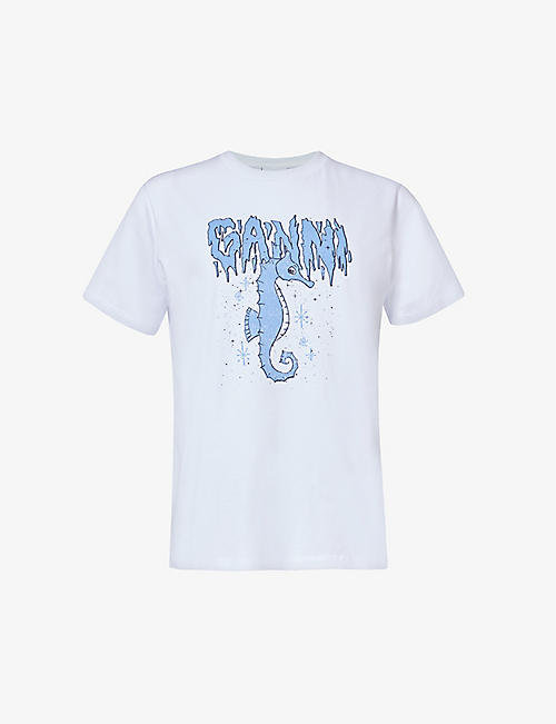 GANNI: Seahorse graphic-pattern organic-cotton T-shirt