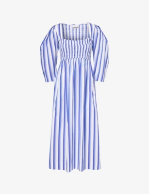 Shop Ganni Women's Silver Lake Blue Striped Balloon-sleeve Organic-cotton Midi Dress