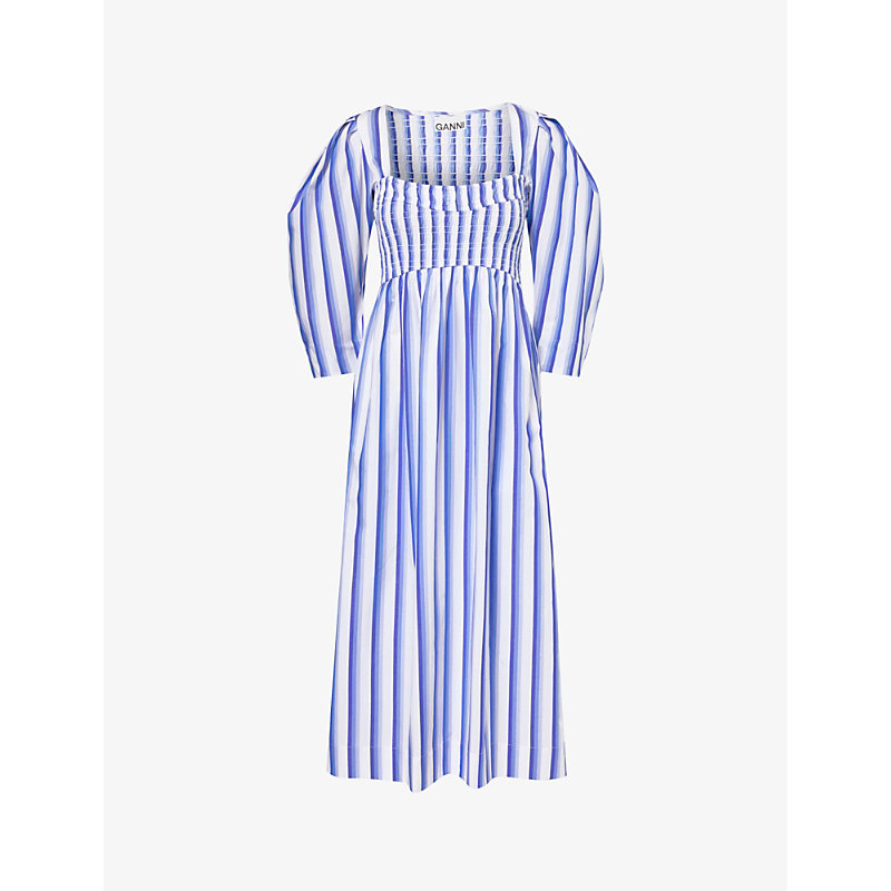 Ganni Womens Silver Lake Blue Striped Balloon-sleeve Organic-cotton Midi Dress