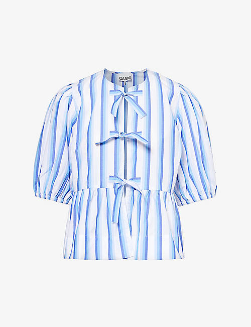 GANNI: Striped puff-sleeved organic-cotton blouse