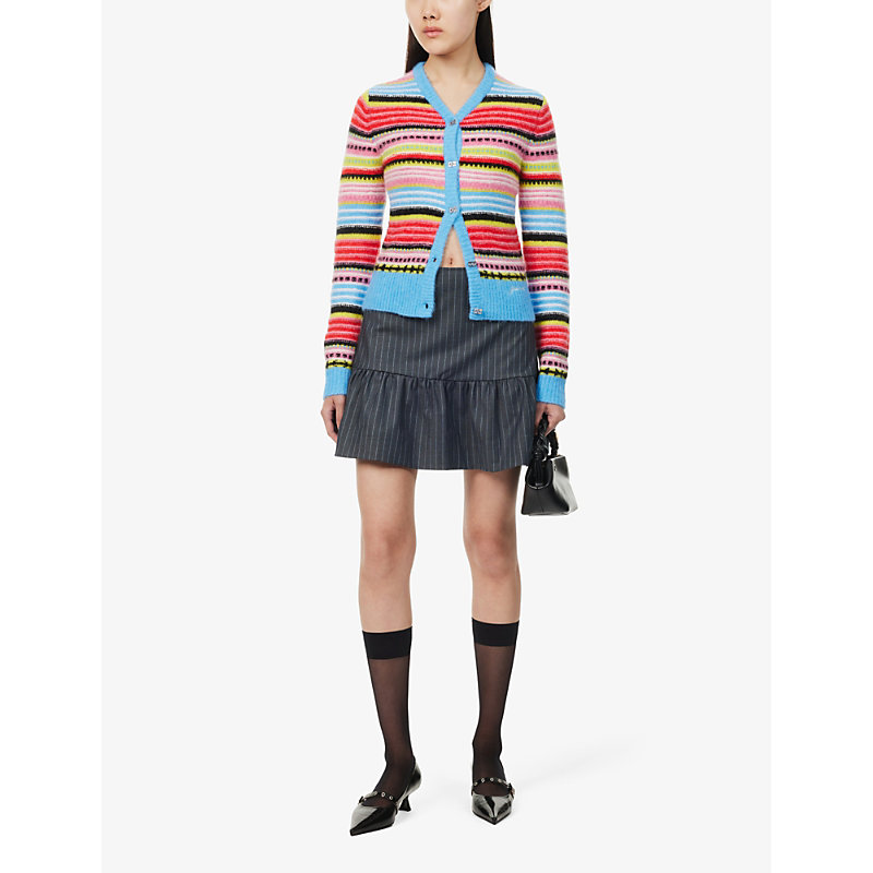 Shop Ganni Women's Multicolour Striped-pattern V-neck Knitted Cardigan