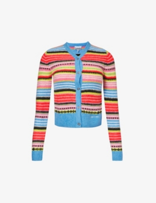 Shop Ganni Women's Multicolour Striped-pattern V-neck Knitted Cardigan