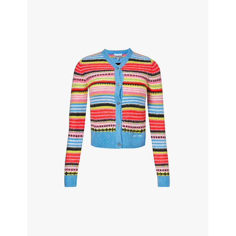 Shop Ganni Striped-pattern V-neck Knitted Cardigan In Multicolour