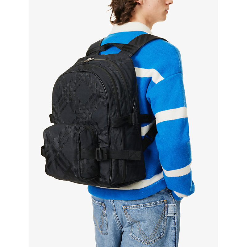 Shop Burberry Mens Black Jacquard Check-print Woven-blend Backpack