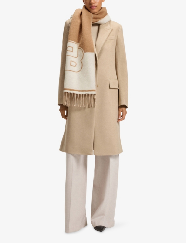 Branded fringed-edge wool-blend scarf