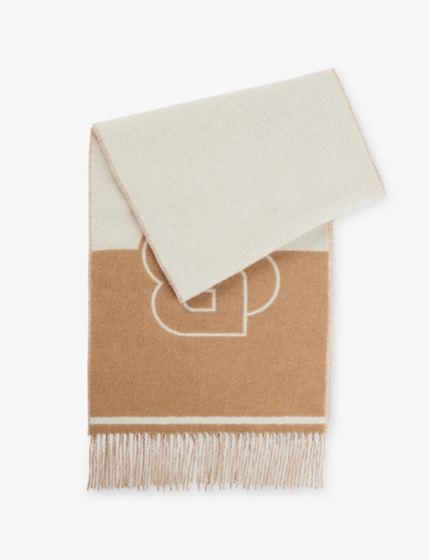 Branded fringed-edge wool-blend scarf