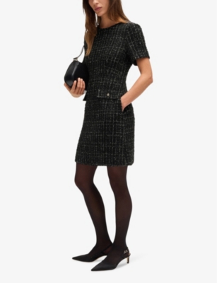 HUGO BOSS WOMENS BLACK ROUND-NECK SHORT-SLEEVE TWEED MINI DRESS 