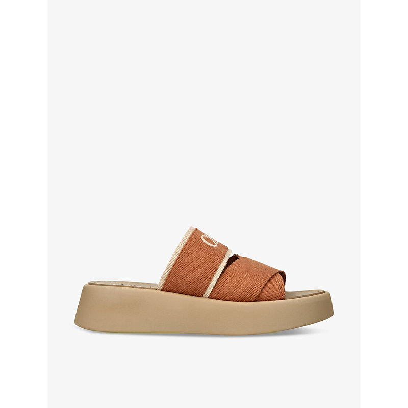 Shop Chloé Mila Logo-embellished Woven Wedge Sandals In Tan
