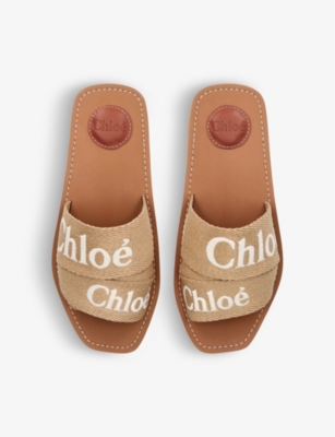 Shop Chloé Chloe Womens Beige Comb Woody Logo-print Canvas Mules