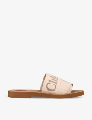 Chloé Beige Linen Woody Slippers In Pink Comb