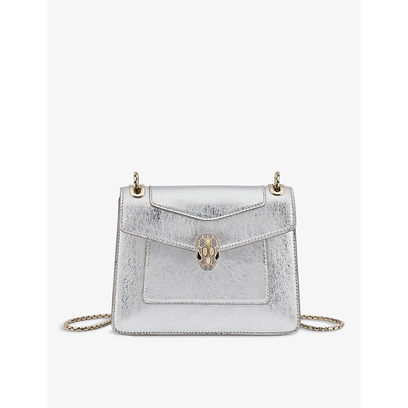 Shop Bvlgari Serpenti Forever Day-to-night Small Stud-embellished Leather Shoulder Bag In Silver