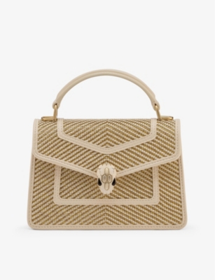 Shop Bvlgari Serpenti Forever Mini Stud-embellished Leather Top-handle Bag In Beige Light