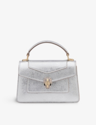 Shop Bvlgari Serpenti Forever Mini Stud-embellished Leather Top-handle Bag In Silver