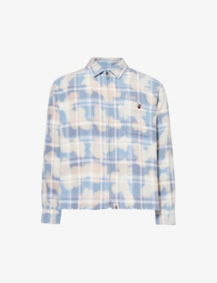 Shop A Bathing Ape Men's Sax Checked Abstract-pattern Cotton Shirt