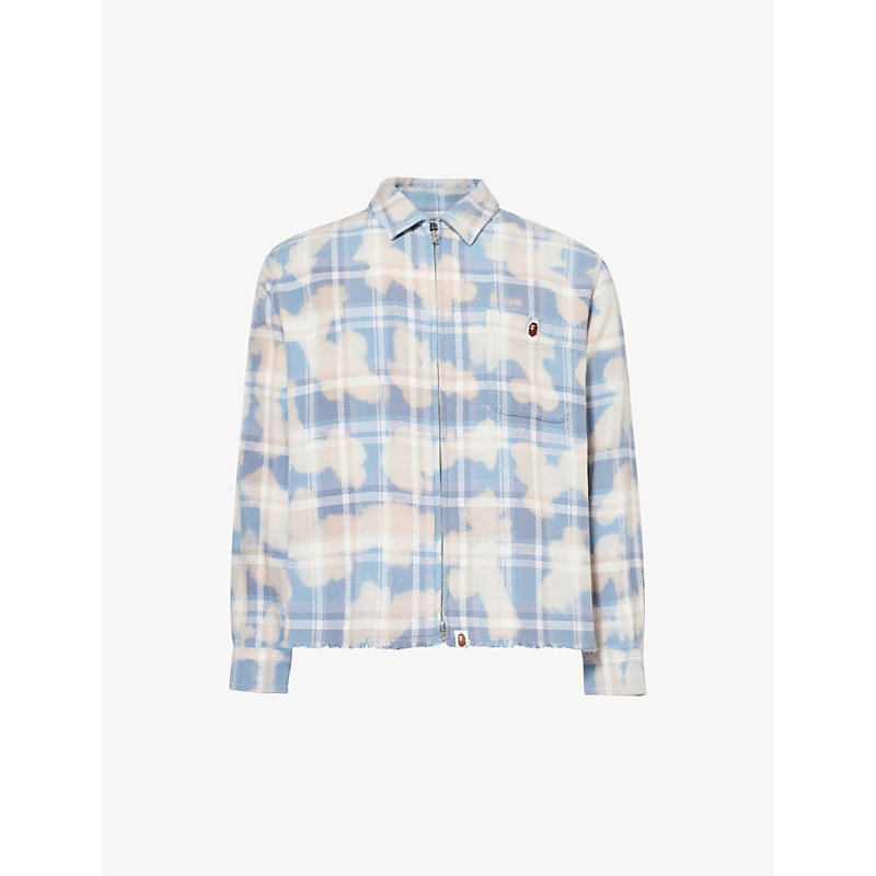 Shop A Bathing Ape Men's Sax Checked Abstract-pattern Cotton Shirt