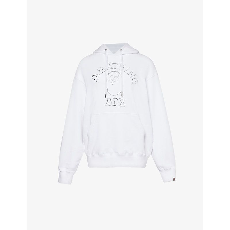 Shop A Bathing Ape College Rhinestone-embellished Cotton-blend Hoody In White