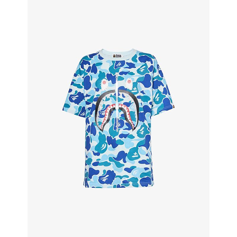 Shop A Bathing Ape Shark Camo-print Cotton-jersey T-shirt In Blue