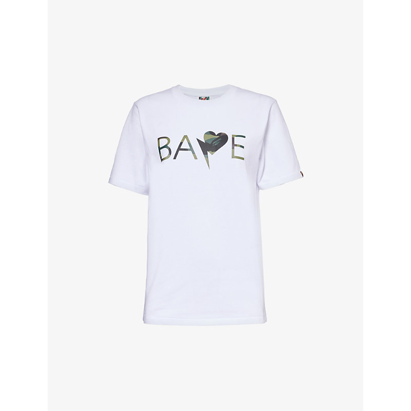 Shop A Bathing Ape Women's White Green Camo Heart Logo-print Cotton-jersey T-shirt