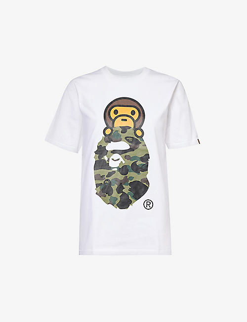 A BATHING APE: Branded-print short-sleeved cotton-jersey T-shirt