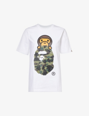 Shop A Bathing Ape Women's White Green Branded-print Short-sleeved Cotton-jersey T-shirt