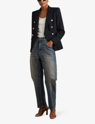 Shop Reiss Women's Mid Blue Mahni Barrel-leg Mid-rise Denim Jeans
