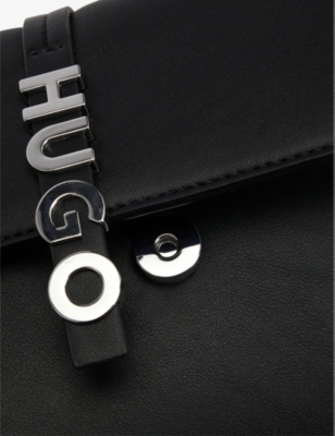 HUGO BOSS WOMENS BLACK LOGO-LETTERING FAUX-LEATHER CLUTCH BAG 