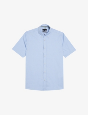 Shop Ted Baker Men's Lt-blue Aldgte Slim-fit Short-sleeve Cotton Shirt